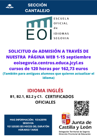 Imagen Admisión en la Escuela Oficial de Idiomas en Cantalejo. Curso 2025-2026