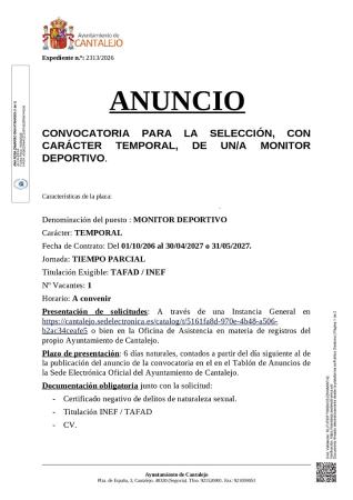 Imagen Convocatoria para la selección de un monitor deportivo