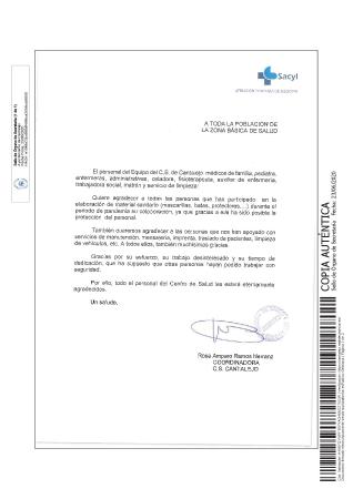Imagen Carta de agradecimiento del personal del Centro de Salud de Cantalejo