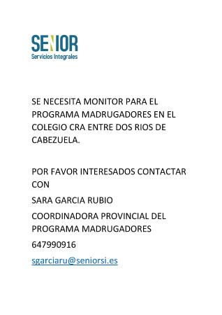 Imagen Oferta de empleo de monitor para programa madrugadores en Cabezuela
