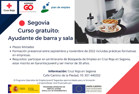 Imagen Curso gratuito de Ayudante de barra y Sala - Empleo en Cruz Roja - Segovia.