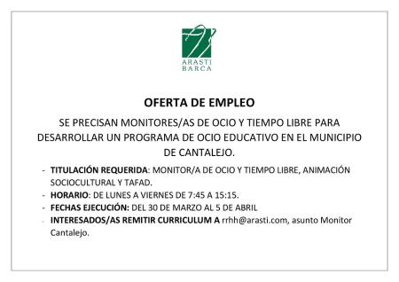 Imagen Oferta de empleo en Cantalejo. Monitor@s de ocio y tiempo libre